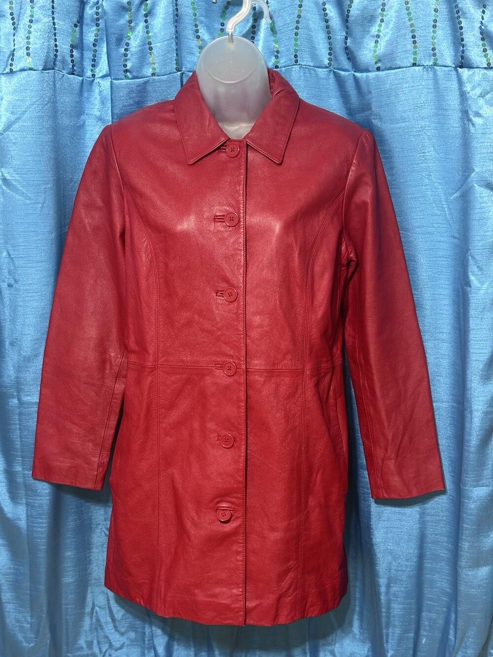 Yvonne & Marie red Leather Jacket Midi Length Button Down SZ 6 Small